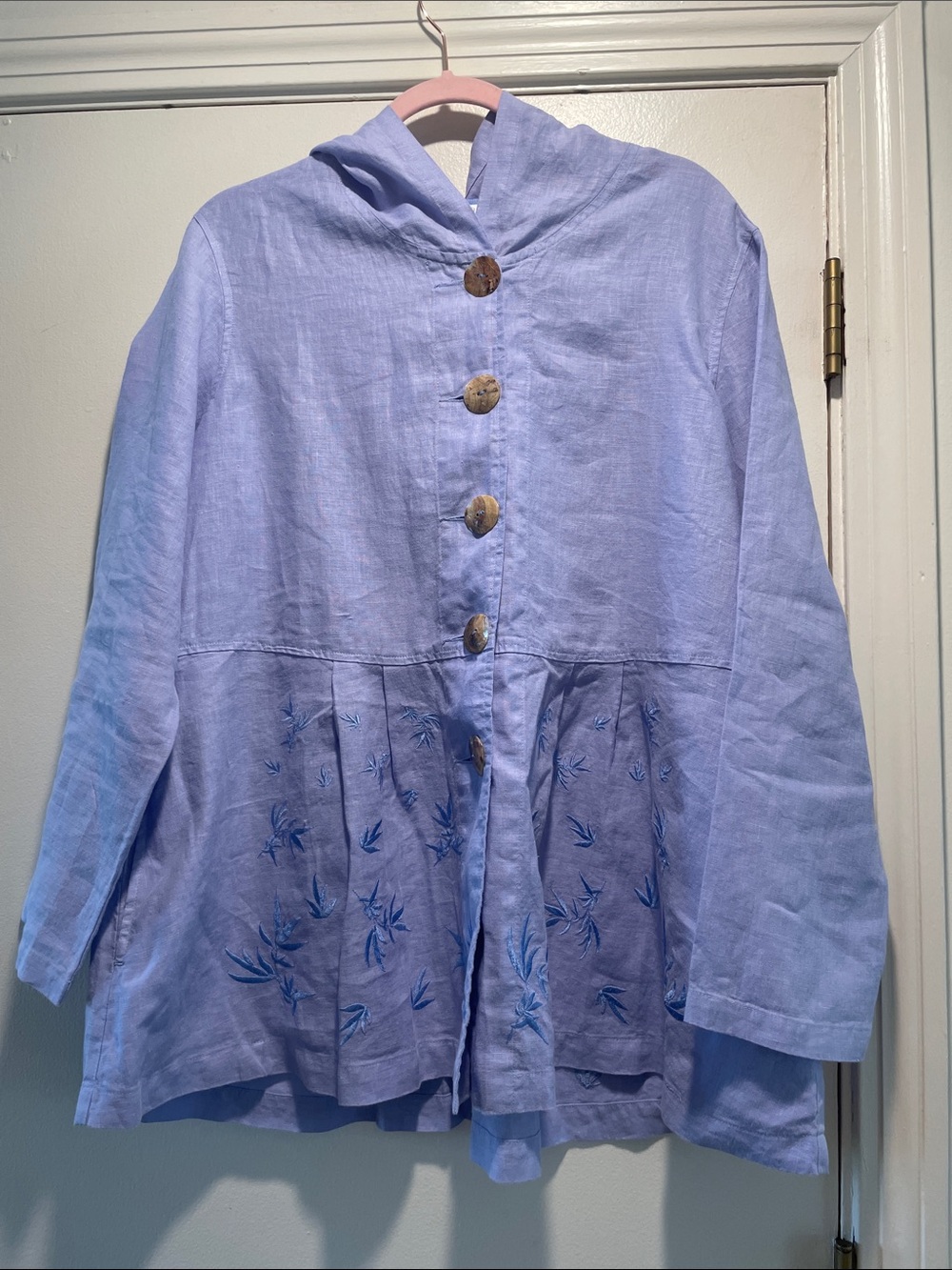 Kleen Light Blue Embroidered Hooded Linen Trench Coat Shell Button Down
